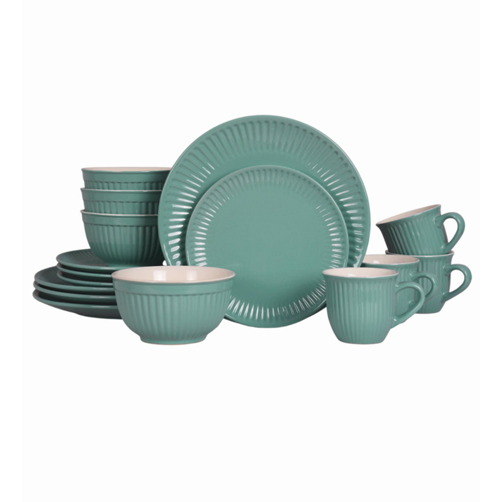 Vajilla De Ceramica Color Glaze Verde Para 4 Personas 16pz Azul Petróleo Texturizado Con Relieve