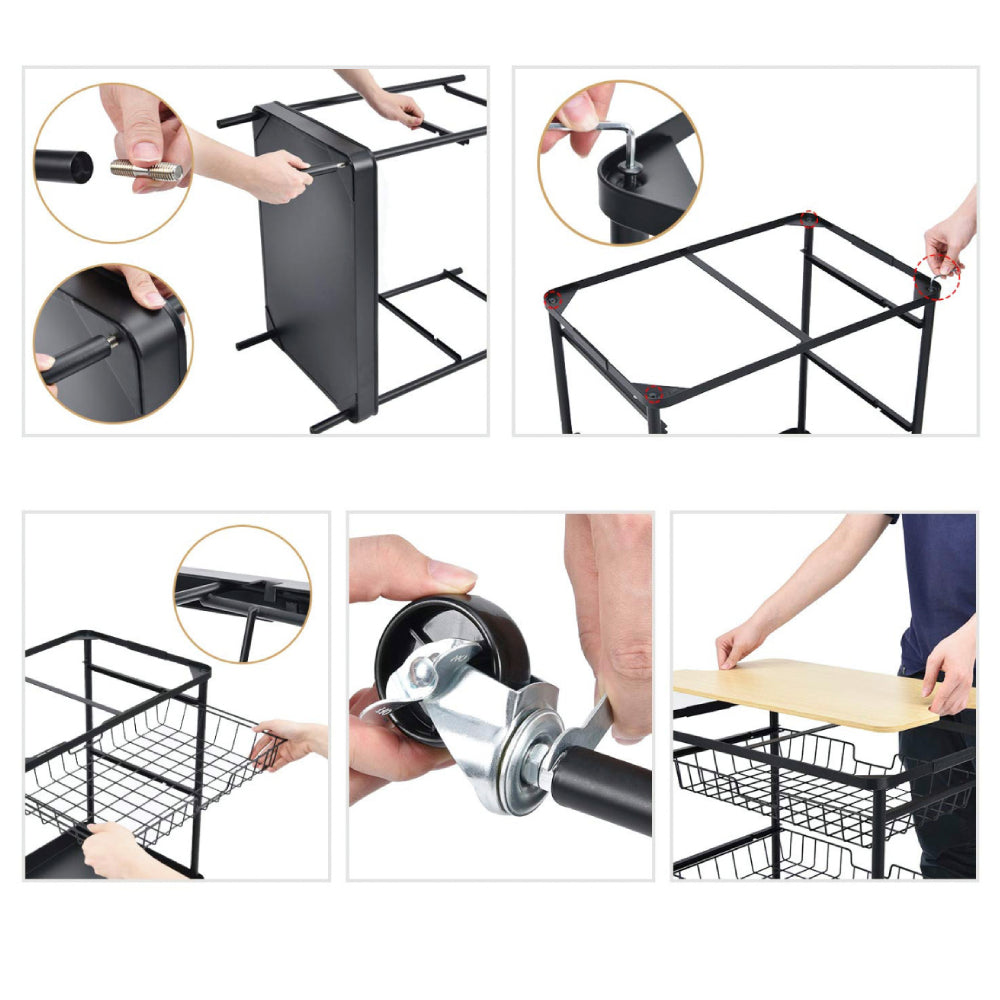 Carrito De Cocina De Acero y Madera Con Asas Y Ruedas