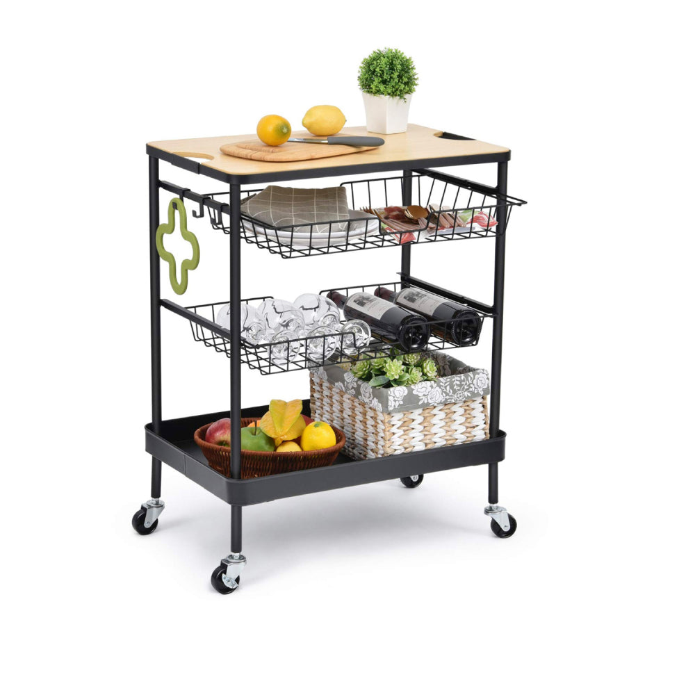 Carrito De Cocina De Acero y Madera Con Asas Y Ruedas